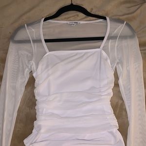 White ruched meshed sleeve bodysuit, top